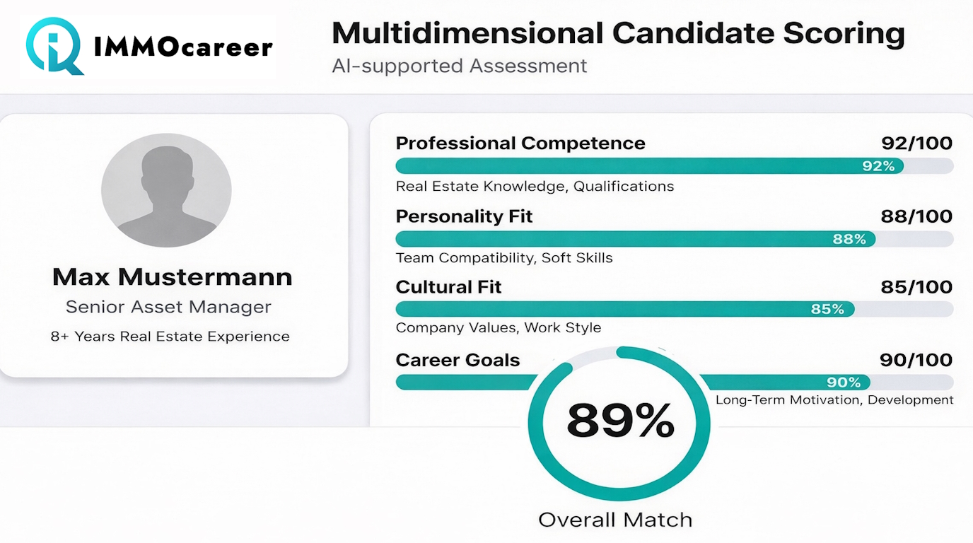 Multidimensional Candidate Scoring - AI-supported Assessment showing Professional Competence, Personality Fit, Cultural Fit and Career Goals for real estate professionals