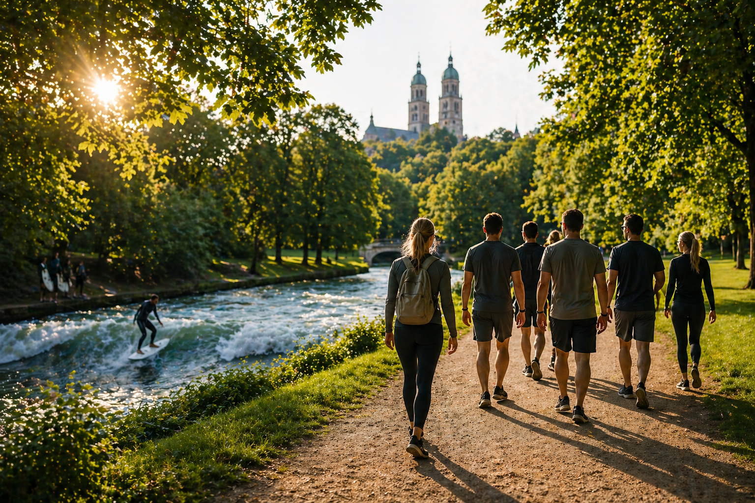 Gruppe wandert am Eisbach im Englischen Garten